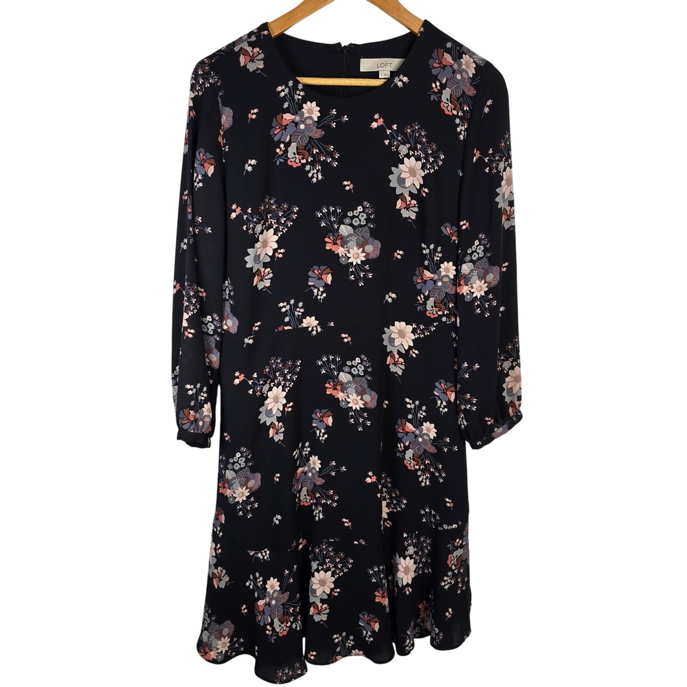 LOFT Women's Floral Print Long Sleeve Dress Black Size 8‎ Career Casual